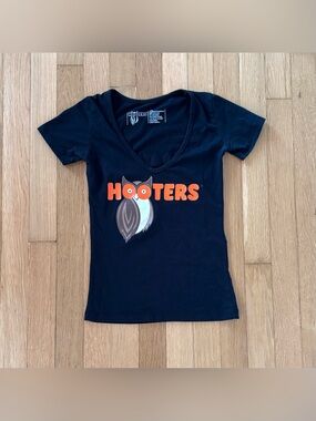 Hooters Uniform Shirt XXS Black Owl Deep V Neck Womens